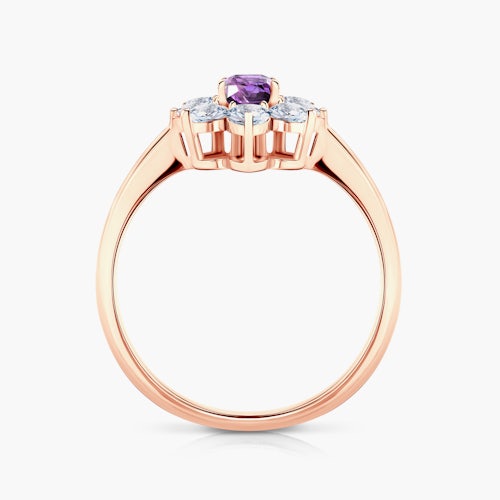 Pierścionek zaręczynowy SAVICKI: różowe złoto, fioletowy szafir, białe szafiry